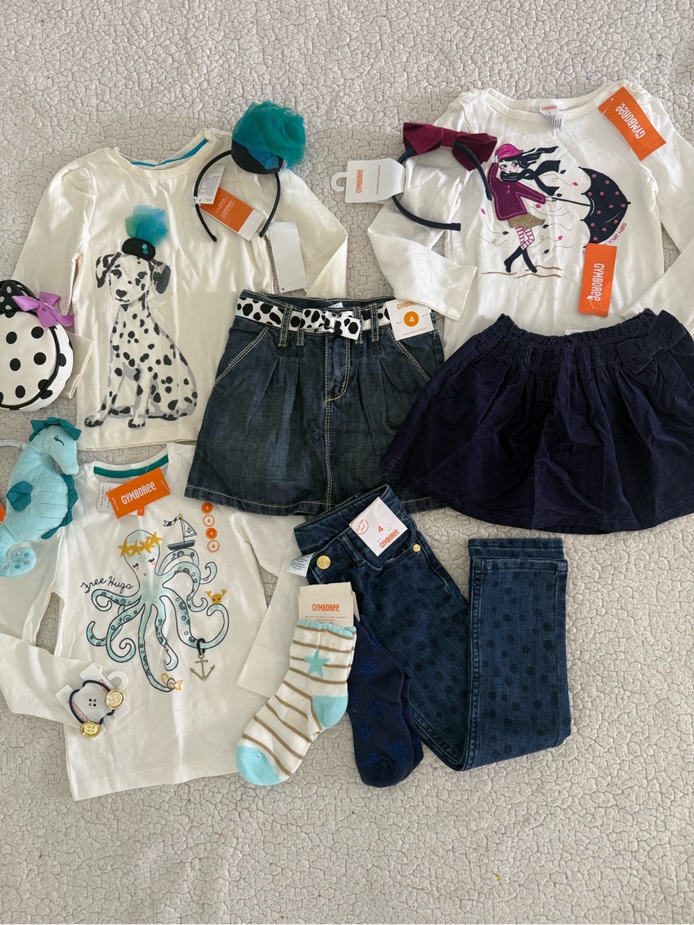 New Sz 4 Gymboree Girls shirt, skort, jeans, socks, purse, headband bundle